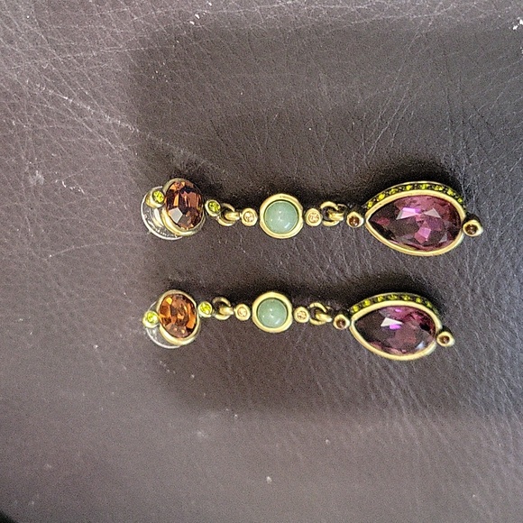 HEIDI DAUS DANGLE W/ FACETED AMBER & PURPLE & GREEN ROUND BEAD EARRINGS PIERCED - Picture 2 of 12